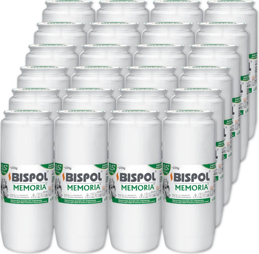 A grid of white candles in clear plastic containers, arranged in rows and columns.