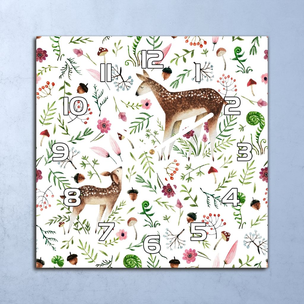 Deko Glasuhr Wanduhr 30x30 Reh Waldpilze Weiß Quarz Küchenuhr Bürouhr