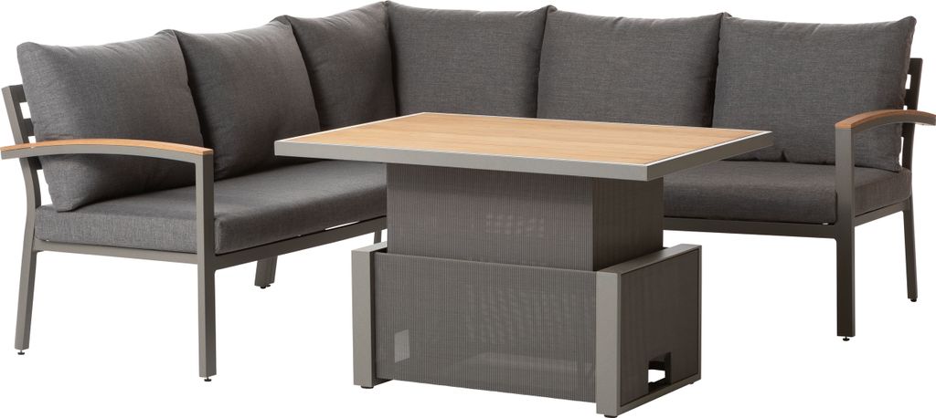 Dehner Garten-Lounge Colmar, 4-teilig, 5-Sitzer, inkl. Tisch und Polster, Aluminium / FSC -es Teakholz / Olefin, grau / braun