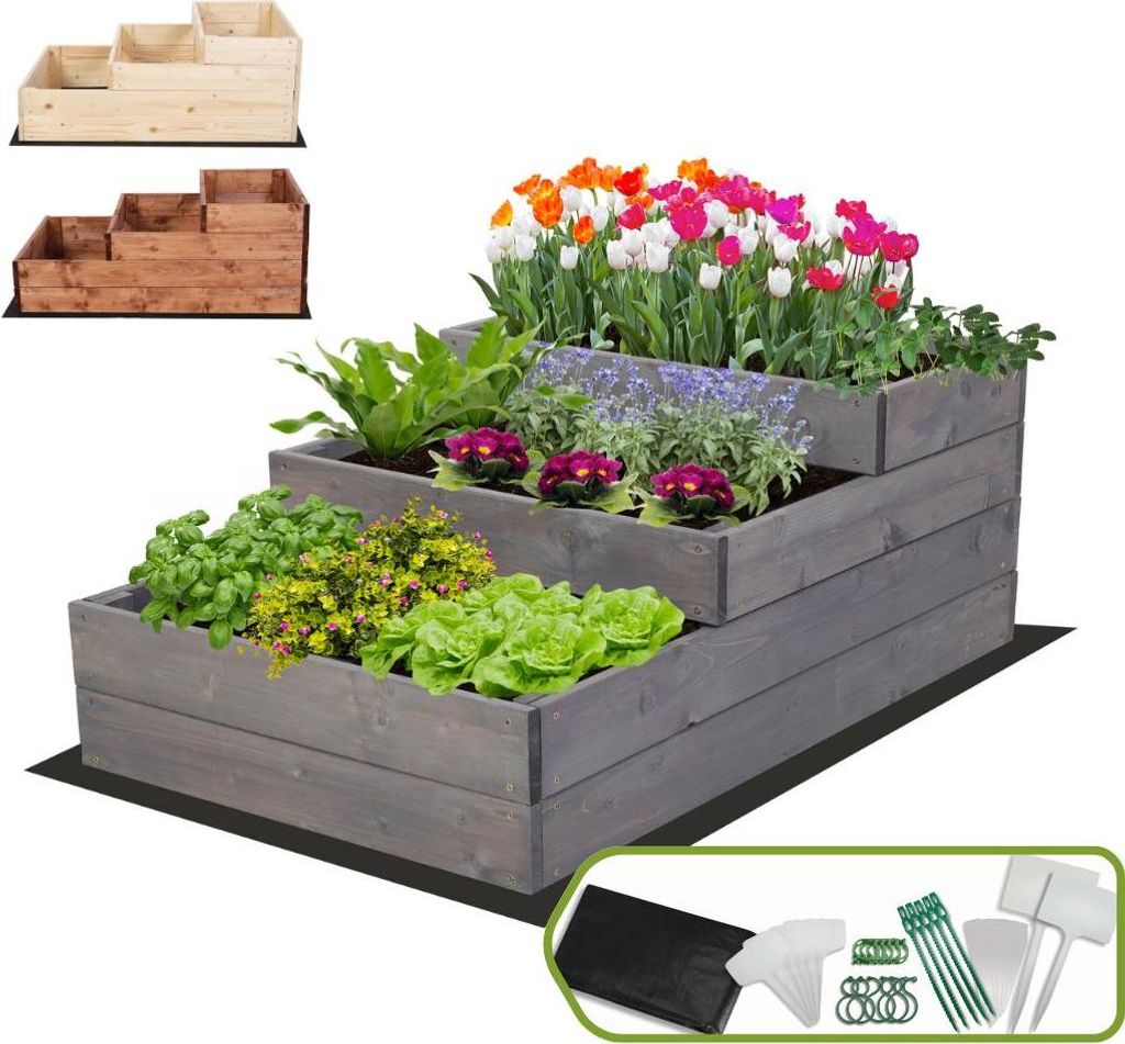 MODO24 Hochbeet Holz, Pflanzkasten, Massivholz, Kiefer, Kräuterbeet, Blumenkasten, Garten, Terrasse, 36x60x93 cm, Grau, ZP07