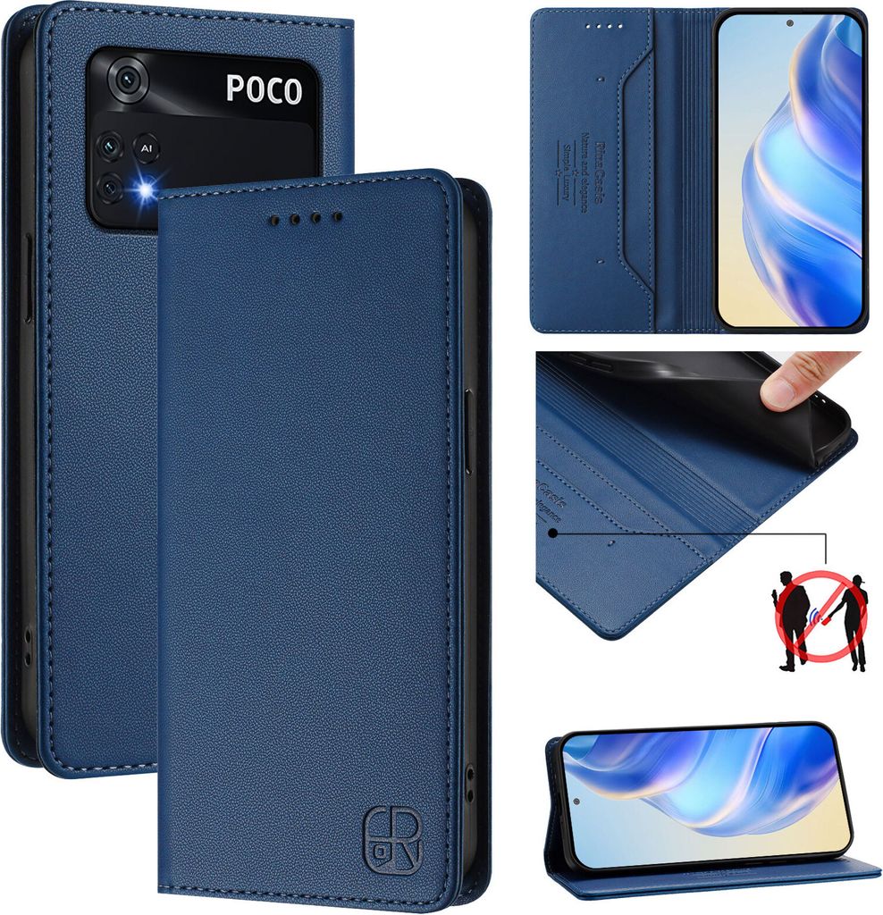 Lederhülle für Xiaomi Poco M4 Pro 4G Hülle Flip Brieftasche Kartenfächern Ständer Schutzhülle Blau