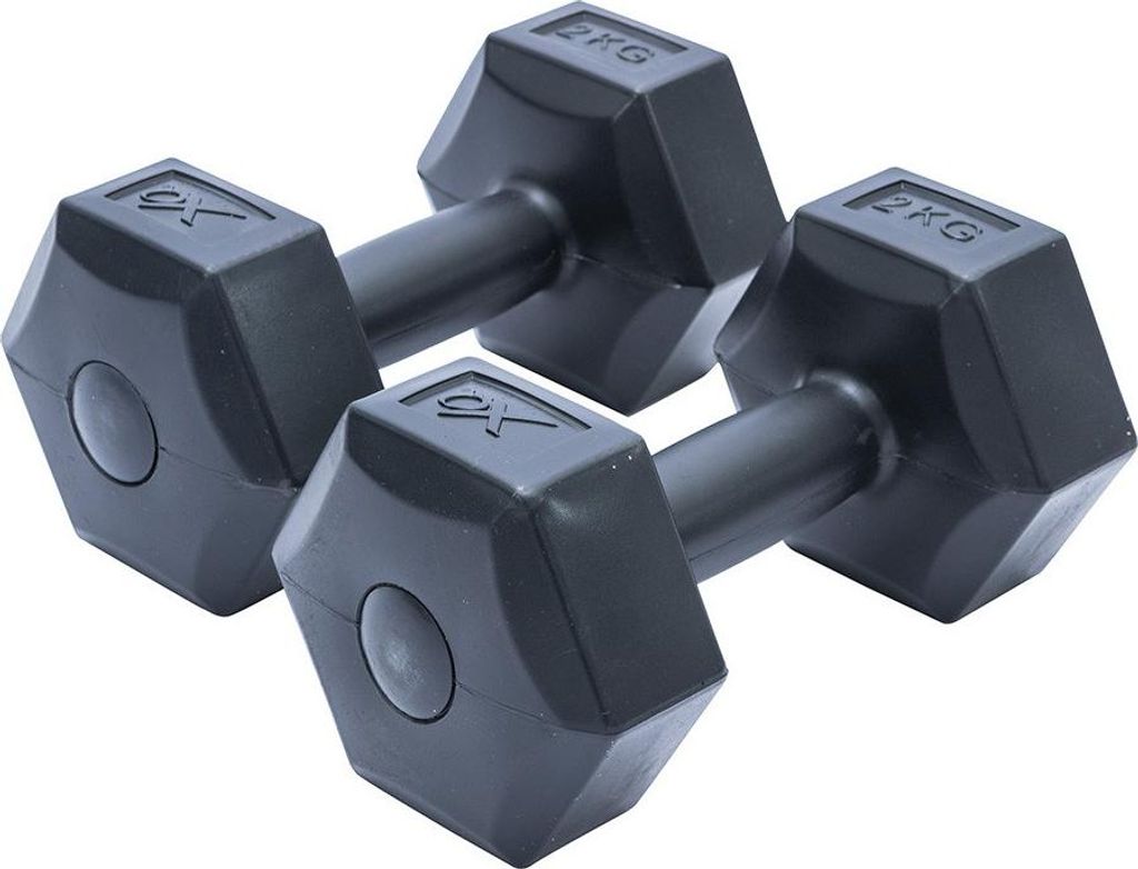 Two black dumbbells are shown against a white background.