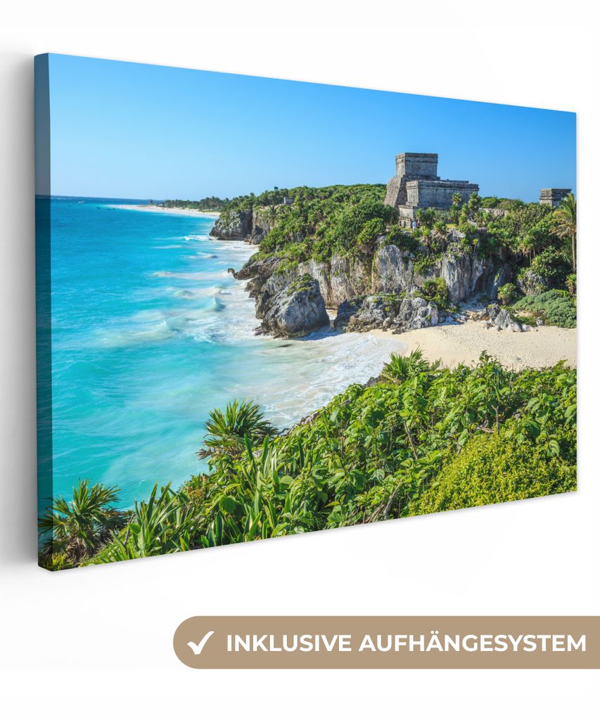 OneMillionCanvasses - Leinwandbilder - 150x100 cm, Azurblaues Wasser an den Stränden von Tulum in Mexiko, Wandbilder Kunstdruck Wanddekoration