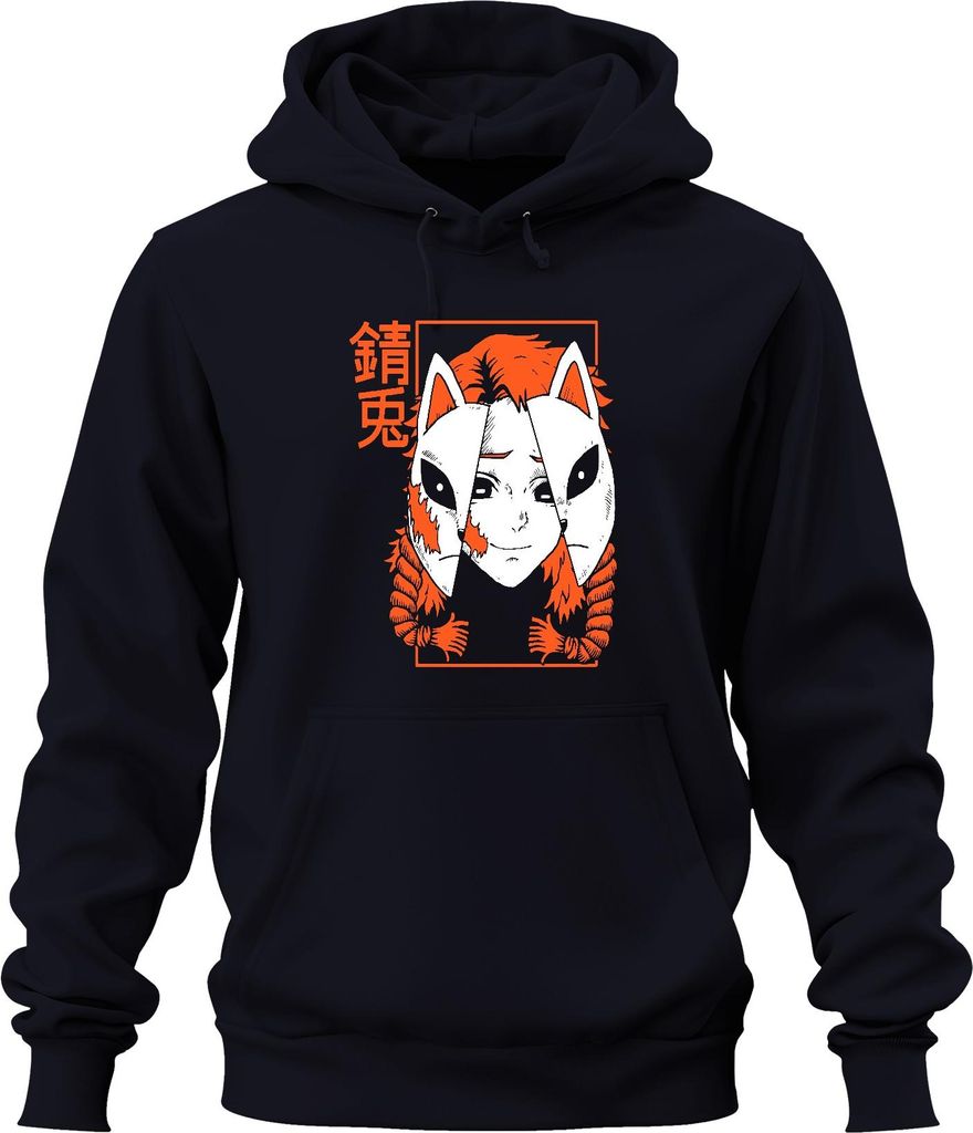 Kitsune Maske Anime Fuchsmasken Cosplay Otaku Geschenk düster Uni Hoodie Kapuzenpullover, Navy, M