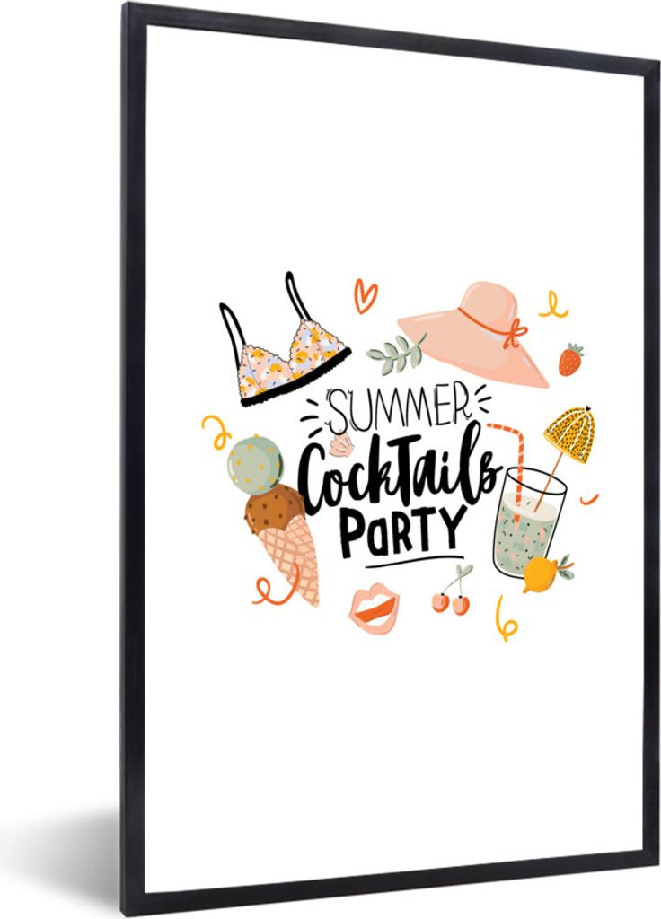 MuchoWow Gerahmtes Poster Hut - Bikini - Cocktail 60x90 cm - Poster mit Schwarzem Bilderrahmen Wandposter Rahmen Foto Bilder - Kunst