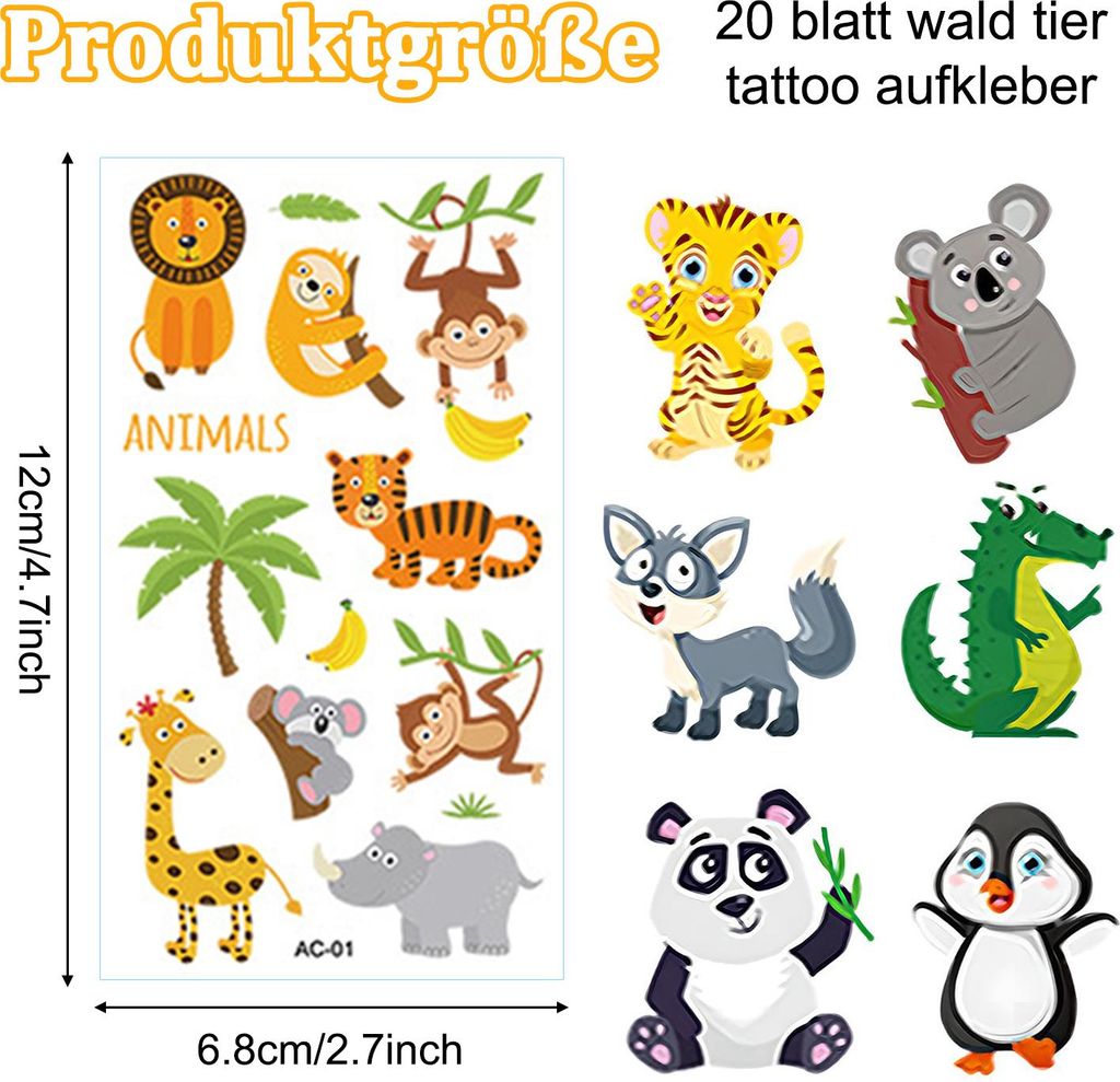 20 Stück Hautfreundliches Tier Tattoo Set, Kinder Tattoos Produktbild 