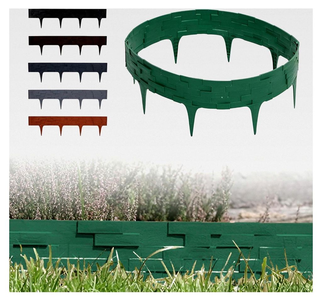 Kunststoff Rasenkante - Beetumrandung in Steinoptik, 3,16 m Gartenpalisade, Beeteinfassung Grün, 4 Module, UV-beständiger Beetzaun, vielseitig ei...