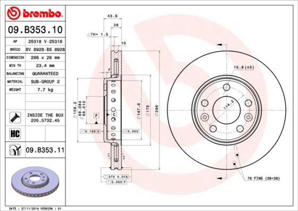BREMBO 09.B353.11 Bremsscheibe OE 402060002R kompatibel mit Scenic, Megane, Latitude, Laguna