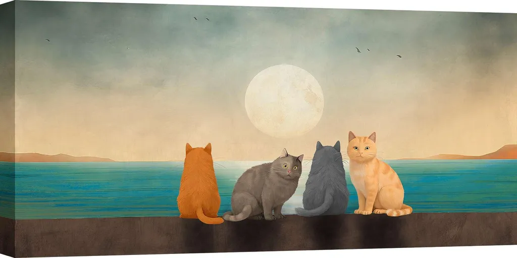 Tableau Décoratif Chats Under the Moon de Stef Lamanche en 70x35 cm
