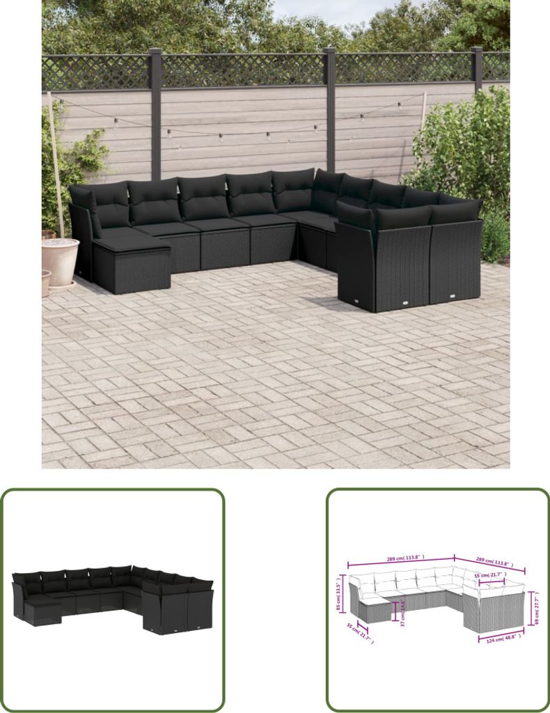 The Living Store 11-tlg. Garten-Sofagarnitur mit Kissen Schwarz Poly Rattan