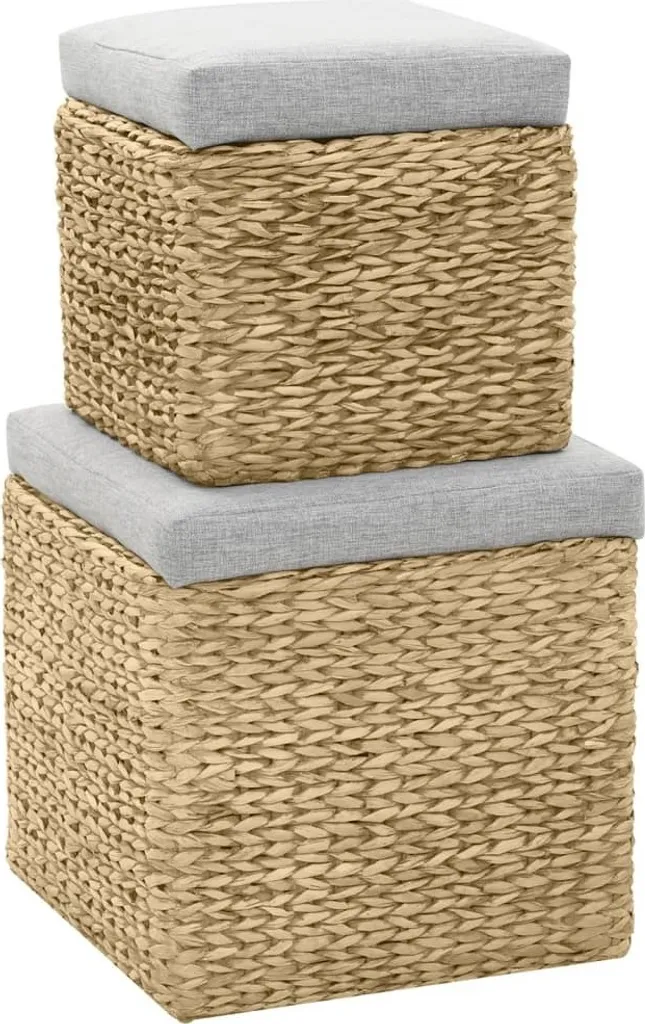 Optimisez l'espace : Set 2 ottomans gris de rangement en jonc de mer