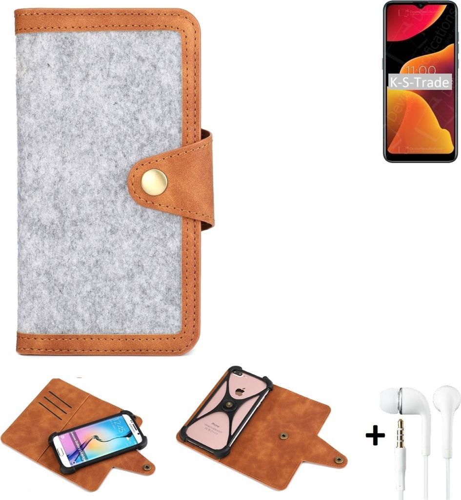 K-S-Trade Handyhülle + Kopfhörer kompatibel mit BQ Mobile BQ-6645L Element Schutzhülle Filz Hülle Kunstleder hellgrau braun (1x)