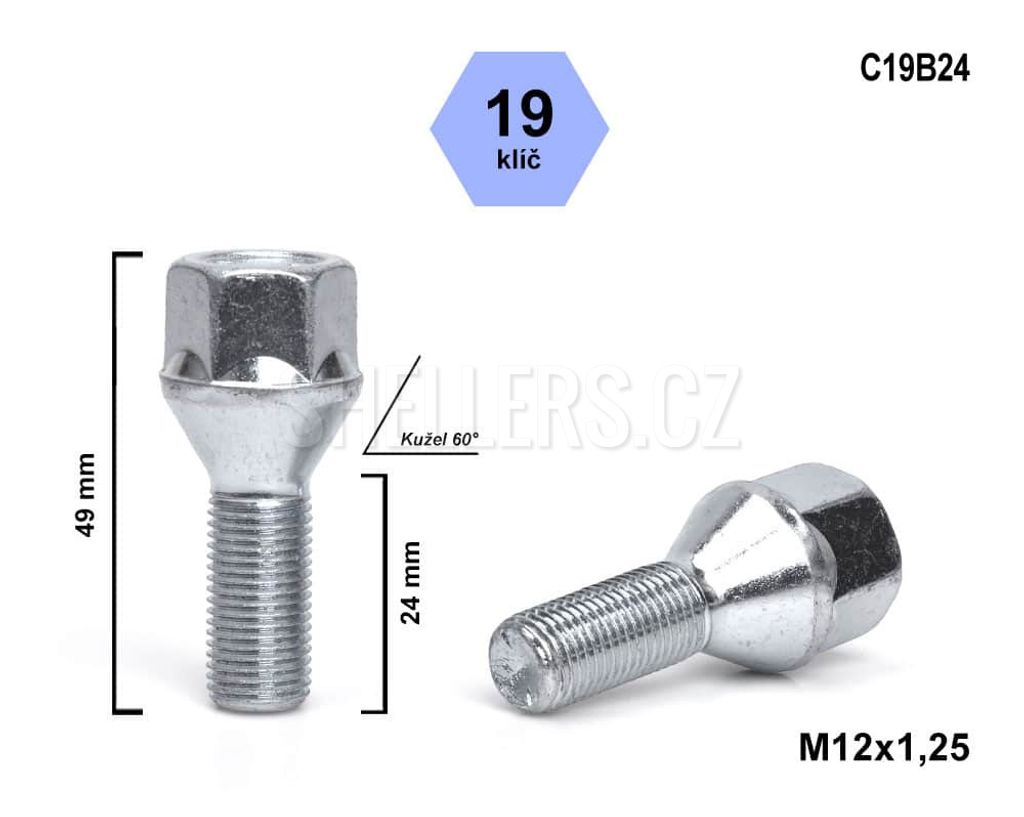 Kolový šroub M12x1,25x24 kužel, klíč 19, C19B24, výška 49 Obrázek produktu 