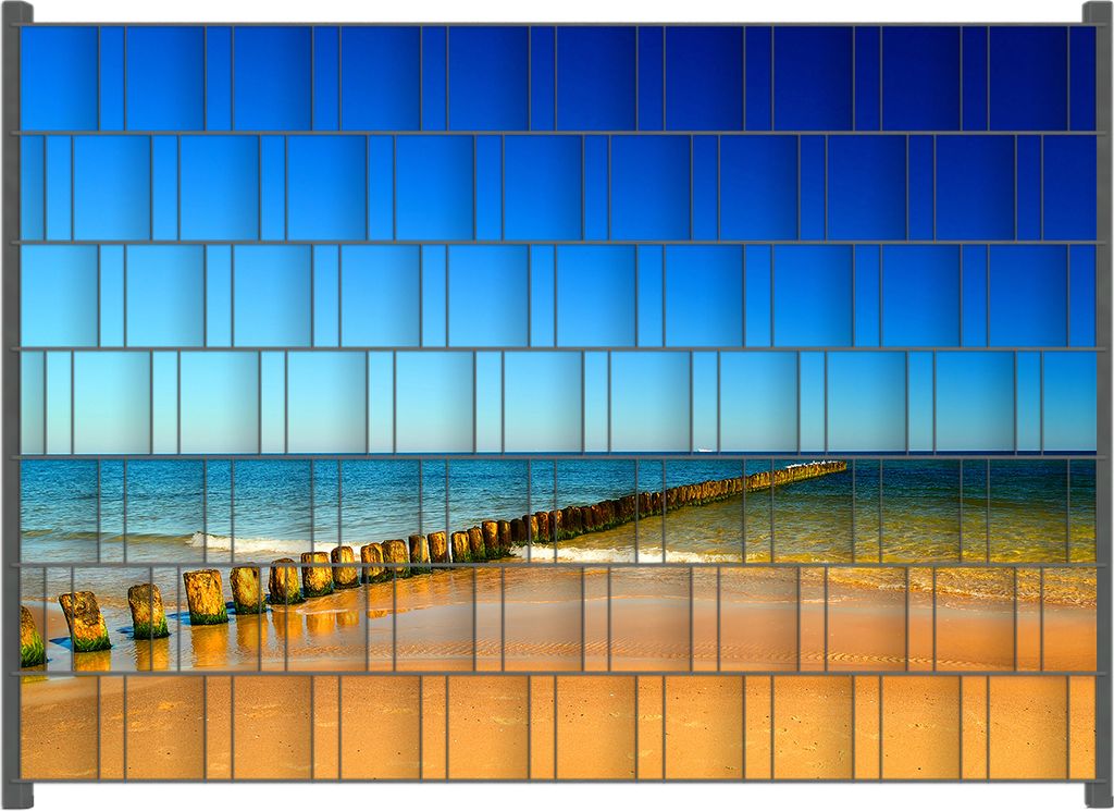 Wallario Zaunsichtschutz mit Motiv Sandstrand in orange - Blaues Meer - Blauer Himmel für Ein- und Doppelstabmatten Zäune in der Größe 200 x 14...