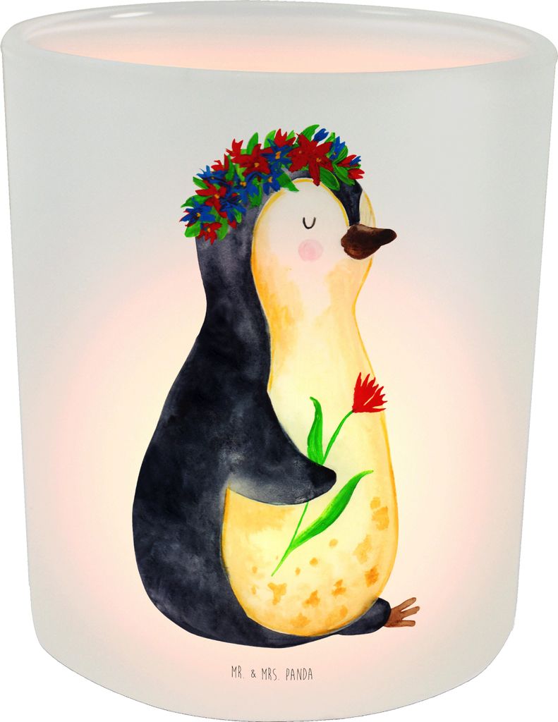 Mr. & Mrs. Panda glas kerzenhalter Pinguin Blumen - Transparent - Geschenk, Selbstliebe, Teelichthalter, Blumenliebe, Windlicht, Kerzenglas, aus, U...