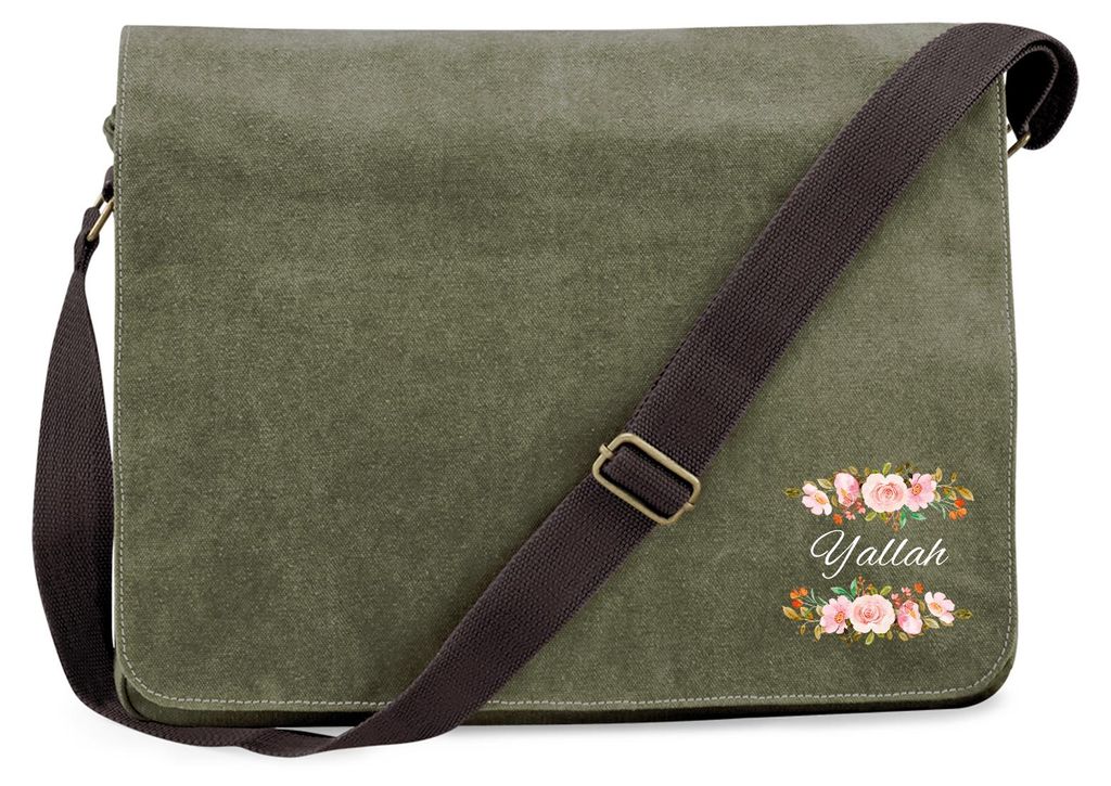 Huuraa Umhängetasche Yallah arabisch Blumen 14 Liter Military Green Canvas Laptoptasche Geschenkidee