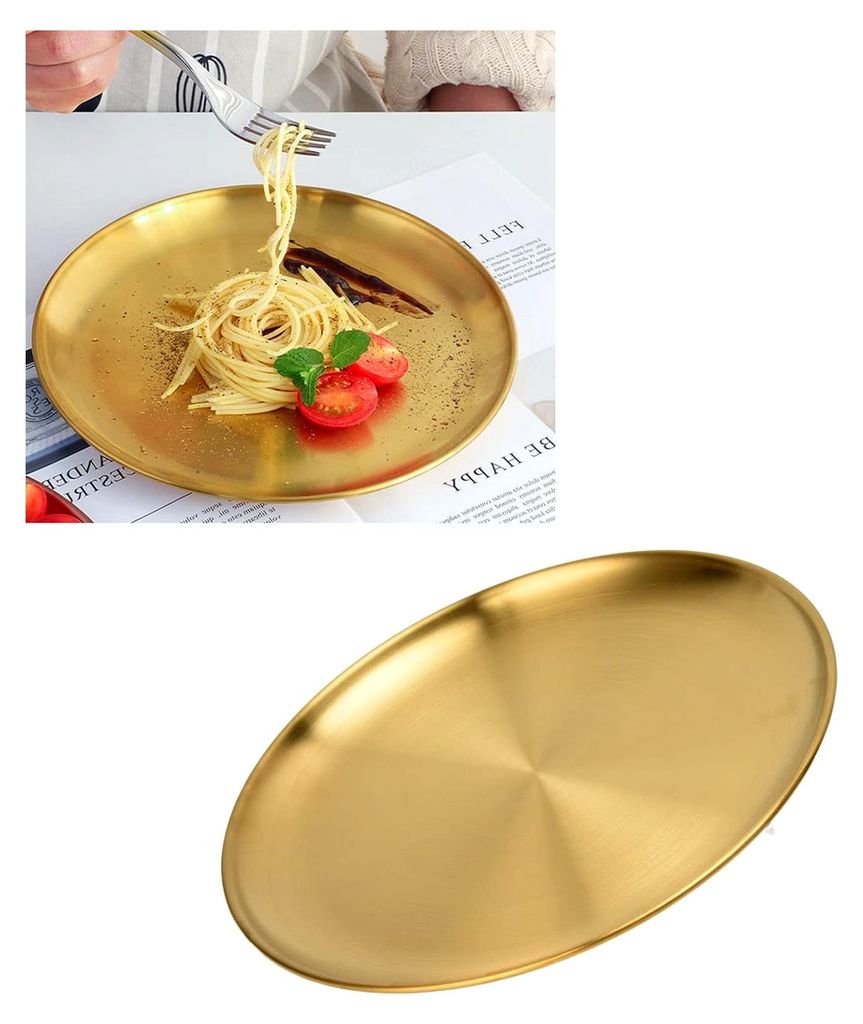 Servierschalen aus Edelstahl, Verdickte runde Grillplatte, Goldenes Edelstahl-Tablett 23 cm, Teller für Partys und Versammlungen