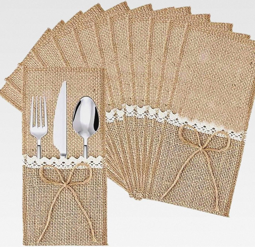 Jute Bestecktasche, Gabeln Besteck Set mit Spitze Schleife Dekoration, Tischdekoration Geeignet für Weihnachtsfeiern, Familienfeiern, Weihnachten ...