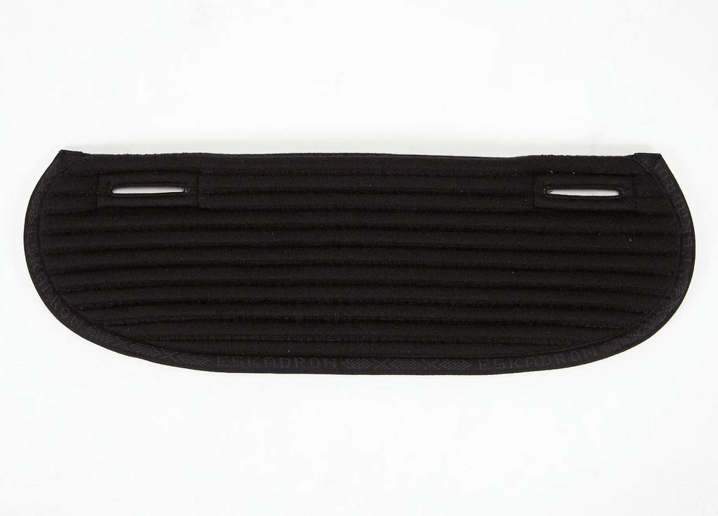 A black trapezoidal saddle pad with ribbed texture and two small slots on the top edge, shown flat against a white background.