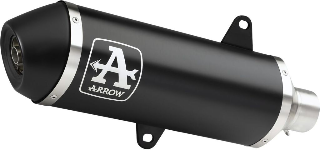 A black exhaust muffler with silver accents and a logo.