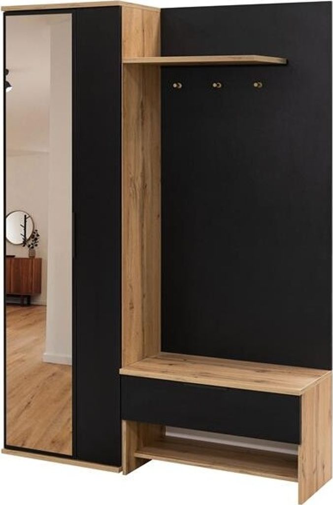 BETTSO Flurgarderobe Garderoben mit Spiegel und Lamellen I Garderobenpaneel Wandgarderobe mit Ablage MOLO Schwarz+Wotan