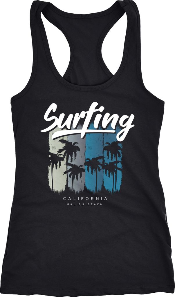 Damen Tank-Top Surfing California Malibu Beach Sommer Strand Palmen Print Aufdruck Racerback Neverless schwarz M