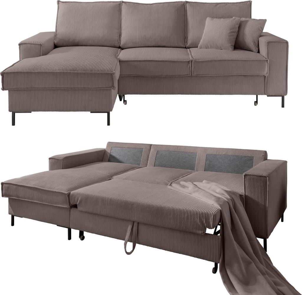 Ecksofa Récamiere Schlaffunktion Bettkasten Couch Polsterecke Cord Braun Taupe / 17225