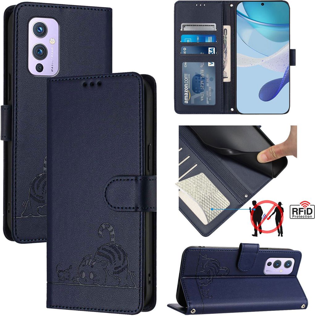 Leder Hülle für OnePlus 9 Süße Katze Flip Case Brieftasche Schutzhülle mit Standfunktion Blau