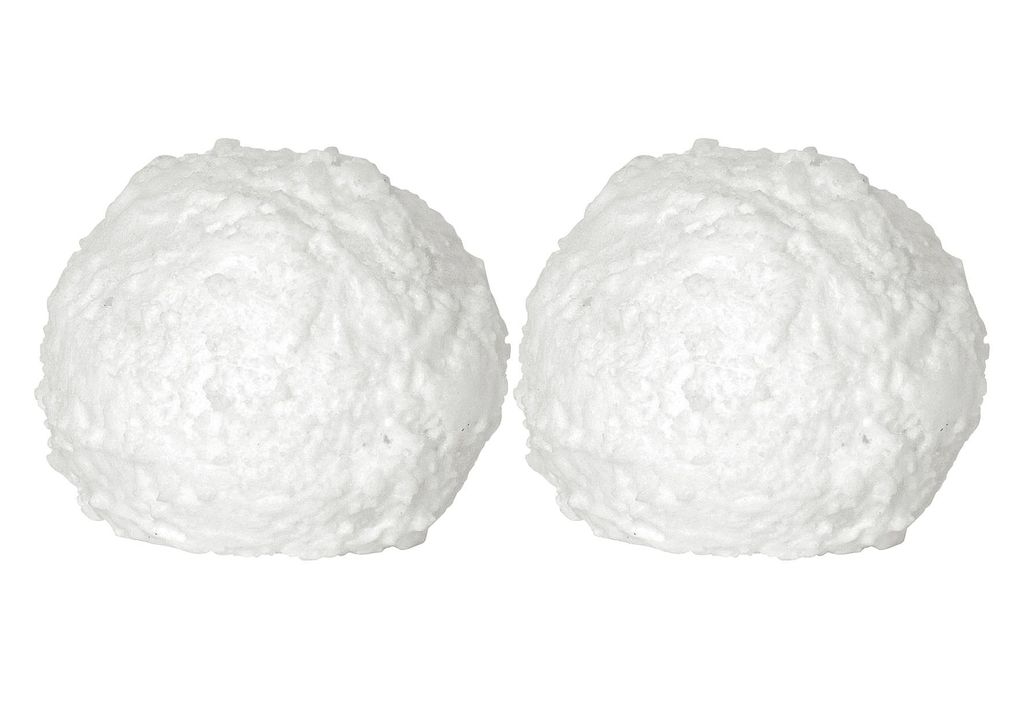 Two white, textured spheres, resembling snowballs, are presented side-by-side against a white background.