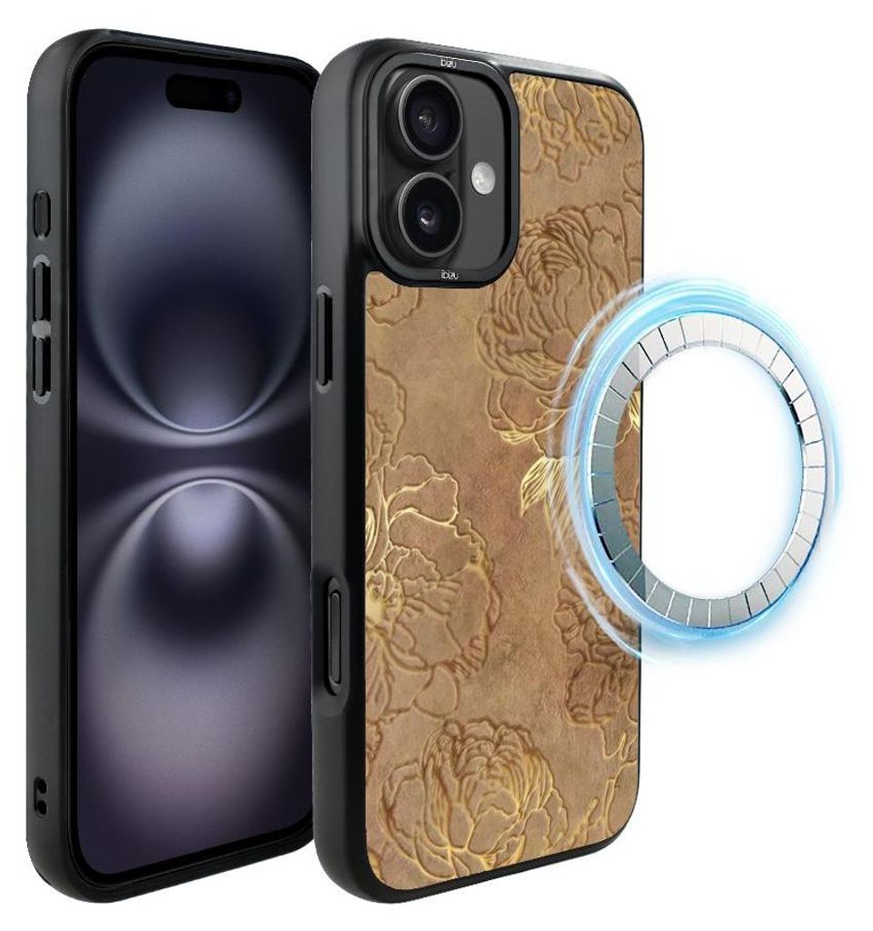 Schutzhülle für das iPhone 16, MagSafe-kompatibel, mattschwarze Seiten, Goldene Pfingstrosen