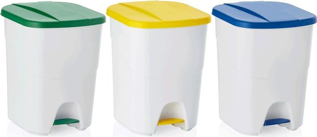 3x Tretabfallbehälter blau grün gelb 40 L Mülleimer, Polypropylen, Klick-System, erweiterbar