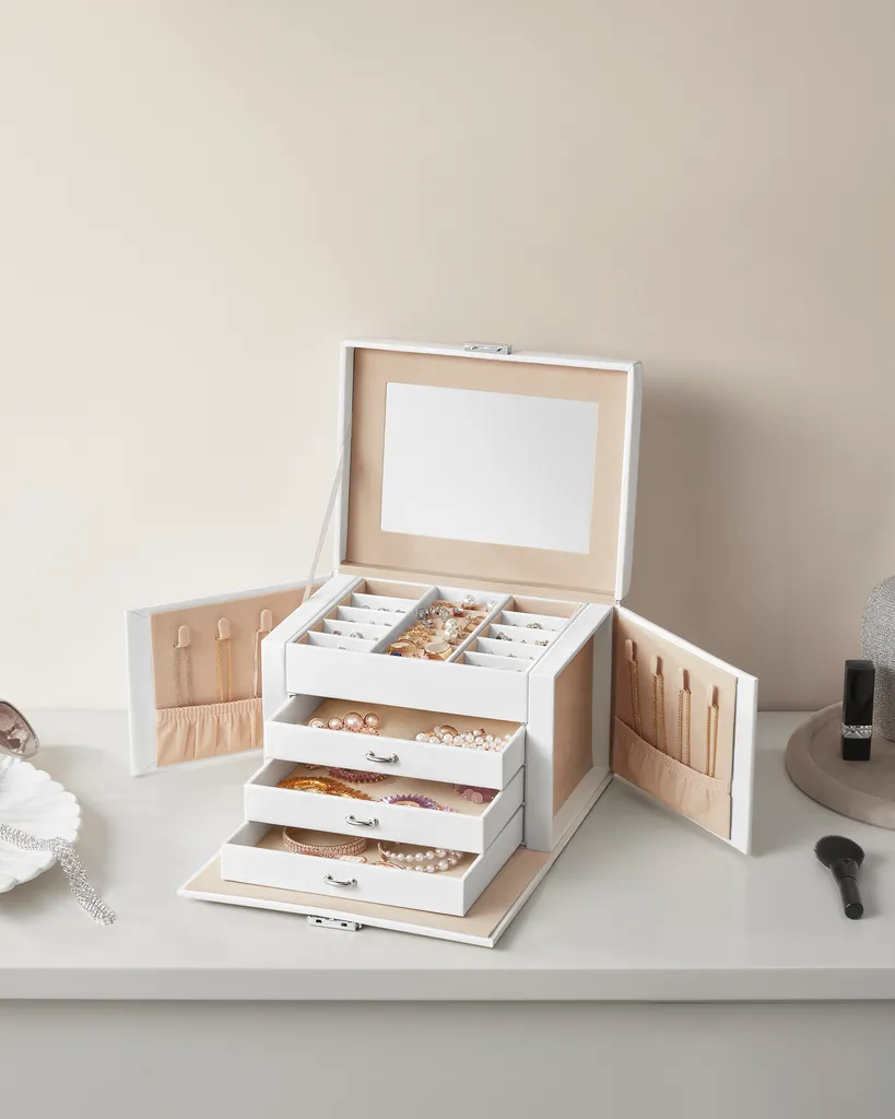Coffret bijoux blanc 4 niveaux avec miroir intégré et tiroirs amovibles