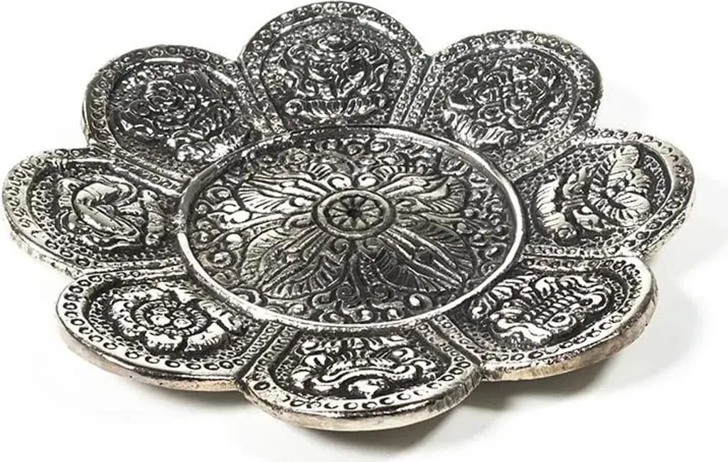 Grand brûle-encens argenté 12cm gravé 8 signes de bon augure - 3 unités