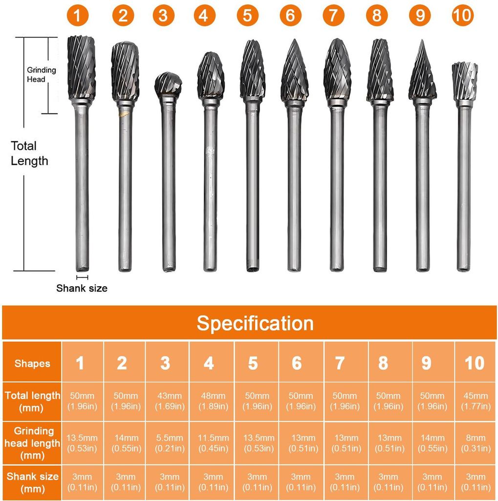 10-teiliges Doppelschnitt-Frässtift-Set aus Wolframstahl, Schleifbits mit 1/8-Zoll-Schaft, Zubehör für Rotationswerkzeuge aus Hartmetall, Bohrer...