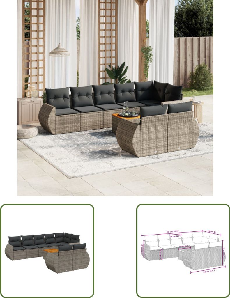 The Living Store 9-tlg. Garten-Sofagarnitur mit Kissen Grau Poly Rattan