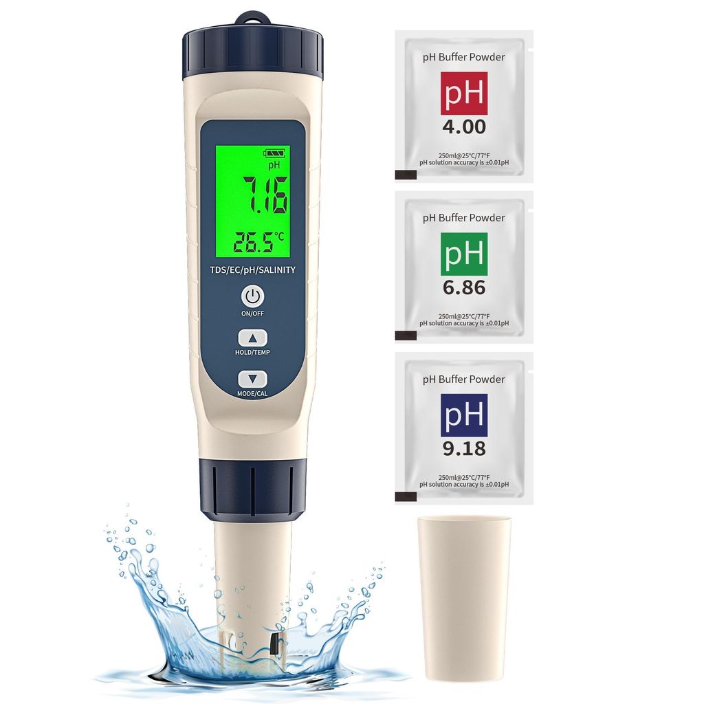pH Wert Messgerät 5 in 1 pH/EC/TDS/Salzgehalt/Temperatur Hohe Präzision Digitales pH Messgerat TDS Messgerät EC Messgerät Grow für Pool,Trinkw...