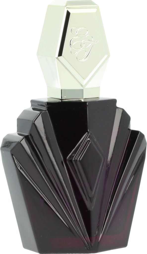 A perfume bottle with a dark purple glass base and a silver cap.