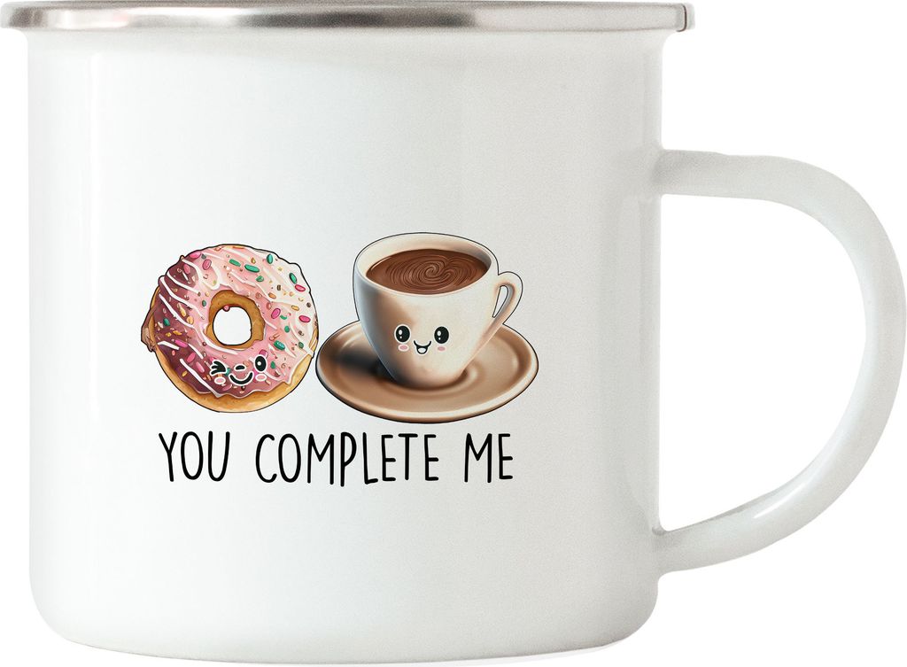 You Complete Me Emaille Tasse Kaffee Donut Valentinstag Freundin Freund Süß Geschenkidee Paar Liebe