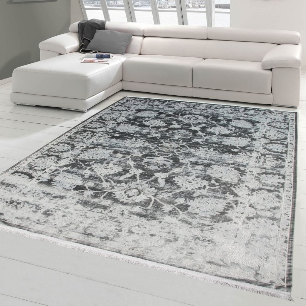Vintage Teppich modern Wohnzimmerteppich Designteppich mit Fransen in Grau Größe - 120 x 170 cm