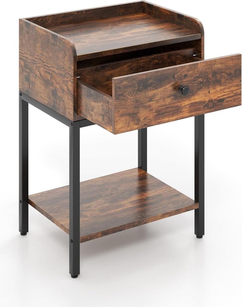 KOMFOTTEU Nachttisch mit Schublade & Ablage, Nachtkommode Nachtschrank Holz, Beistelltisch Sofatisch Industrie-Stil, Nachtkonsole 42x30x60 cm(2)
