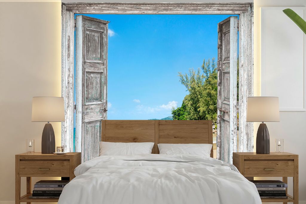 MuchoWow Fototapete für Wohnzimmer oder Schlafzimmer Wandtapete Vinyl Motivtapete Strand - Ausblick - Sommer - Tropisch - 240x240 cm - Schlafzim...