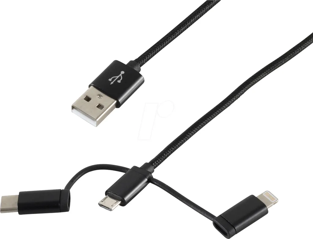 Câble USB multifonction 1m noir avec trois connecteurs interchangeables