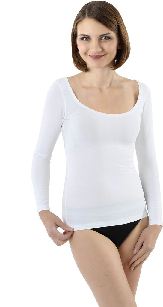 ALBERT KREUZ Damen Langarm Unterhemd mit tiefem weiten Ausschnitt Stretch-Baumwolle weiß, 34-36 / XS