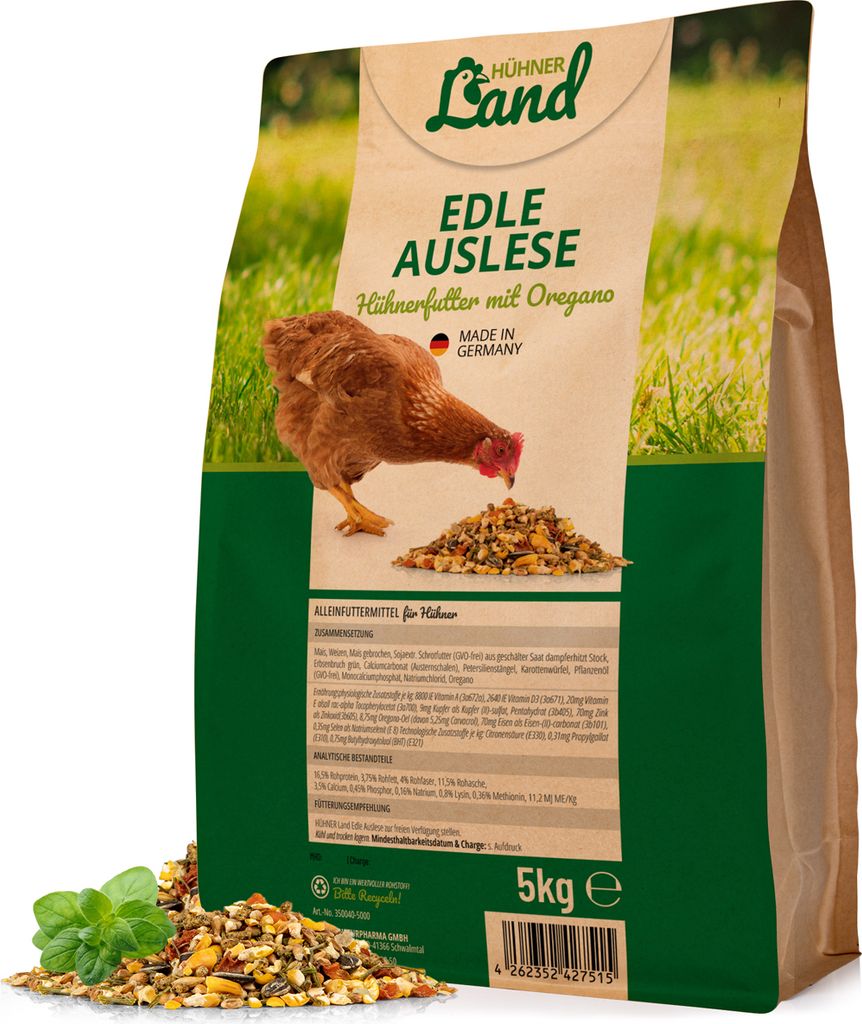 HÜHNER Land Hühnerfutter Edle Auslese mit Oregano 5kg – Hühner Alleinfutter, Ausgewogen & natürlich mit Calcium & Mineralstoffen ohne Gentech...