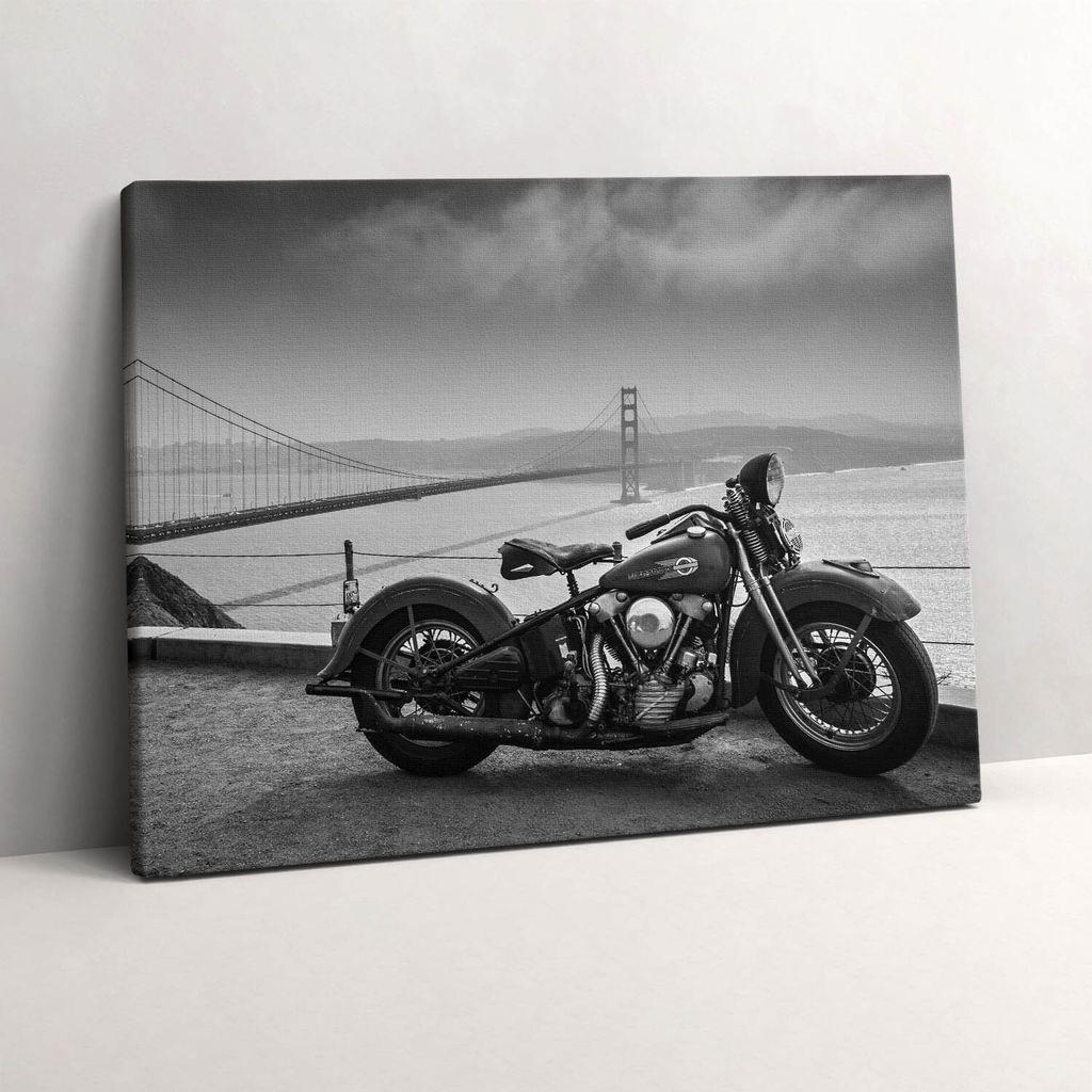 Motorrad und die Golden Gate Bridge – Leinwandbild Wandbild – 80x60 cm – Leinwandbilder – Wandbilder – Schlafzimmer – Flur
