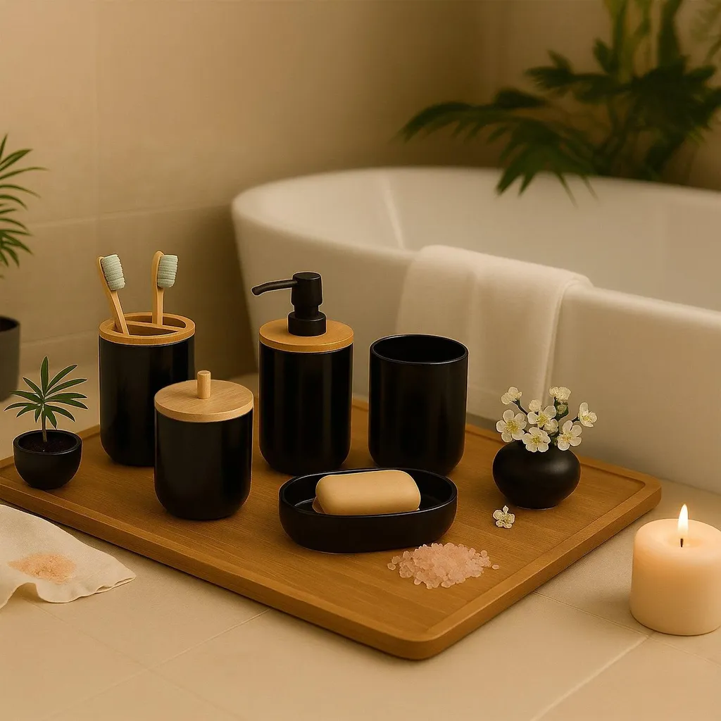Set Accessoires de Salle de Bain Complets en Bambou Naturel et Blanc