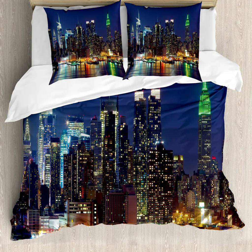 ABAKUHAUS New York Copripiumino, NYC Midtown Skyline, antiacaro, adatto a chi soffre di allergie, con federe, 200 cm x 200 cm - 80 x 80 cm, blu reale