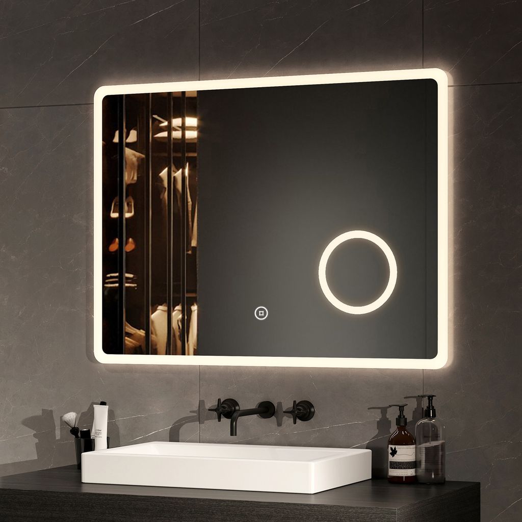 EMKE Badezimmerspiegel LED Badspiegel Wandspiegel 80x60cm mit Touch-Schalter Vergrößerung Schminkspiegel 3 Lichtfarben und Beschlagfrei