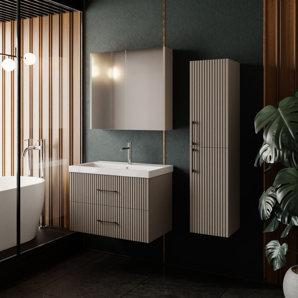 A modern bathroom with a vanity, mirror, and cabinet.