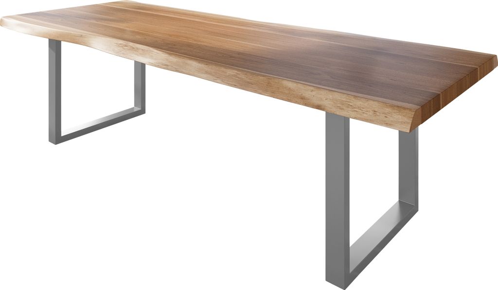 Esstisch Baumkante massiv Akazie natur 300 x 120 U-Gestell Metall silber TITAN